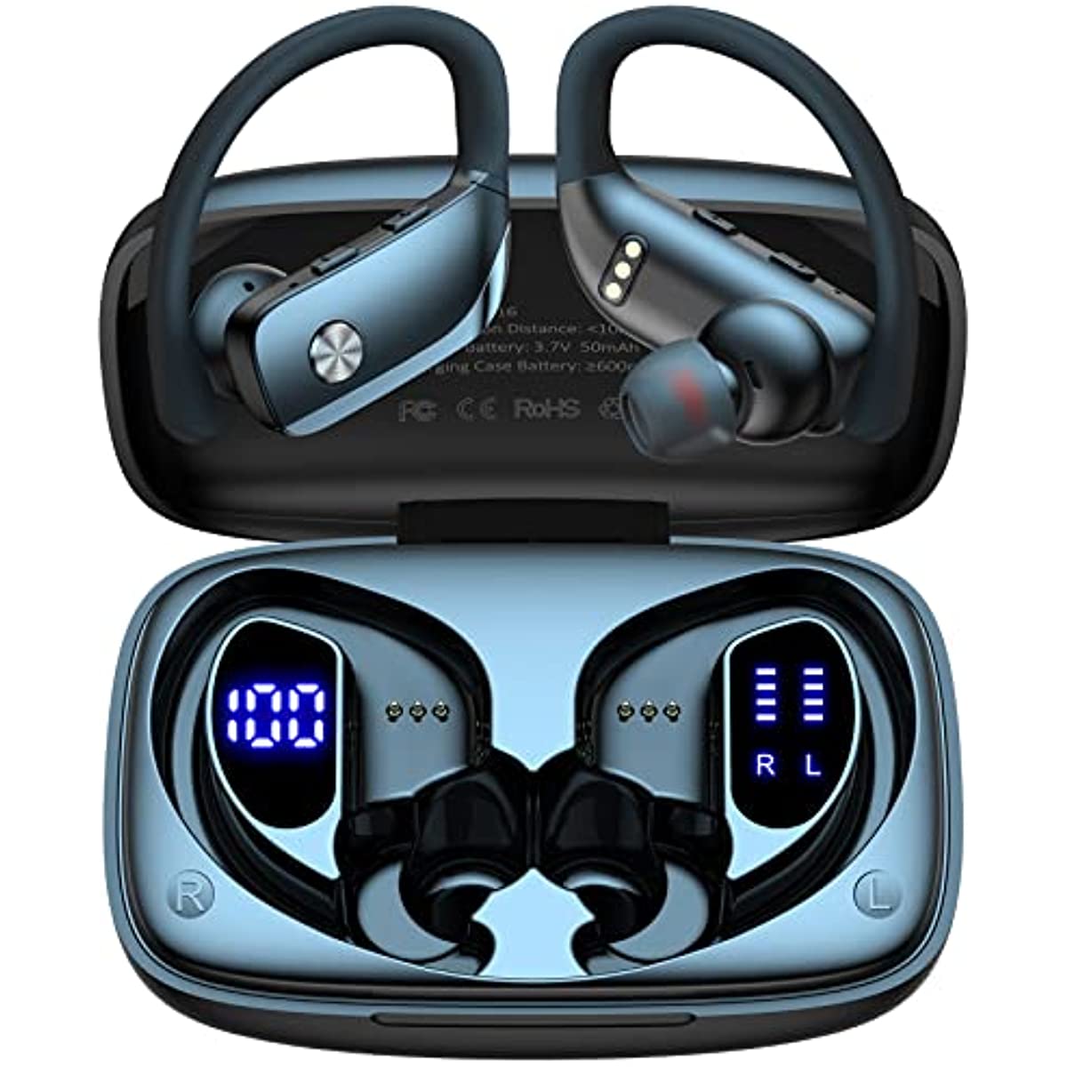 Bluetooth Earbuds – 80H Playtime, LED Display, Over-Ear Hook