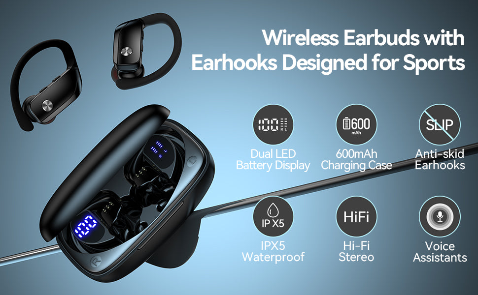 Bluetooth Earbuds – 80H Playtime, LED Display, Over-Ear Hook