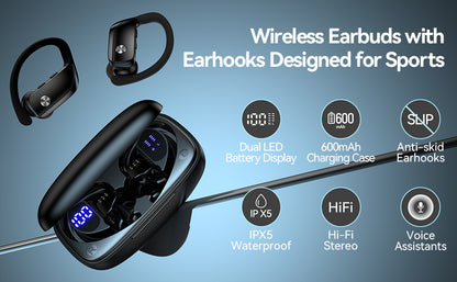Bluetooth Earbuds – 80H Playtime, LED Display, Over-Ear Hook