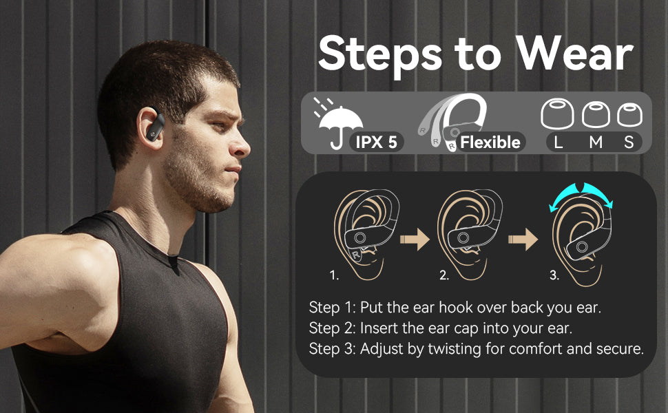 Bluetooth Earbuds – 80H Playtime, LED Display, Over-Ear Hook