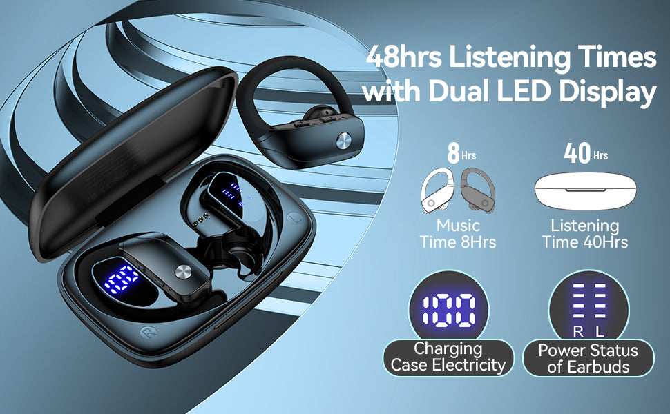 Bluetooth Earbuds – 80H Playtime, LED Display, Over-Ear Hook