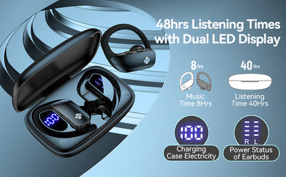 Bluetooth Earbuds – 80H Playtime, LED Display, Over-Ear Hook