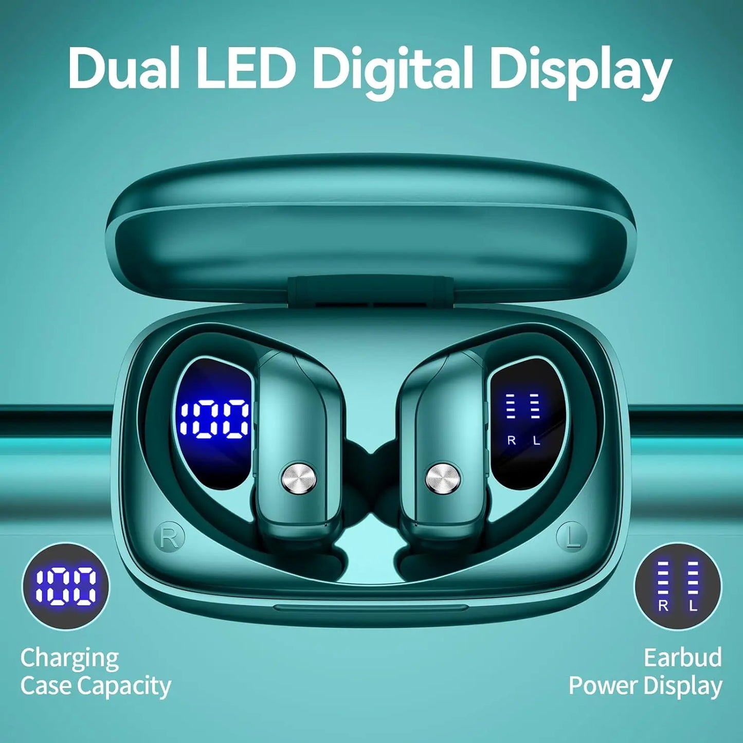 Bluetooth Earbuds – 80H Playtime, LED Display, Over-Ear Hook